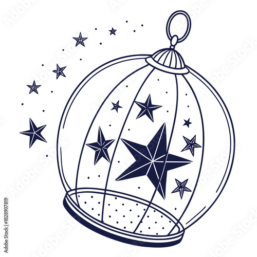 Whimsical hand drawn outline of a glass lantern filled with stars and surrounded by floating stars