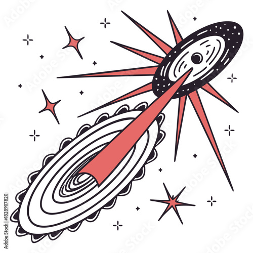 Stylized illustration of a black hole with a jet of energy and surrounding stars and nebulae