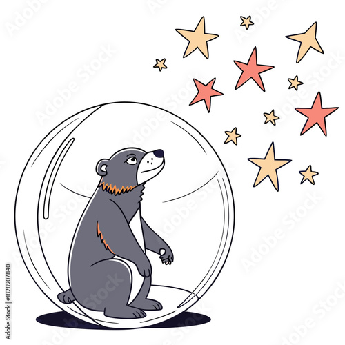 Cute cartoon bear sitting inside a clear bubble looking up at colorful stars in the sky