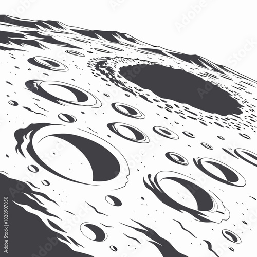 Stylized illustration of a desolate lunar landscape with numerous craters and mountains under a white sky