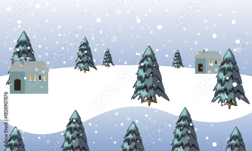 A serene winter wonderland scene featuring a quaint snowy village with cozy houses and pine trees under a flurry of snowflakes, a festive holiday vector illustration