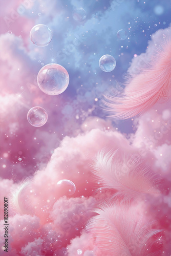 Luminous soft-focus background for ballads with fluffy dream-like clouds, a serene rose quartz and blue gradient, ascending iridescent bubbles, feathers, and twinkling particles.