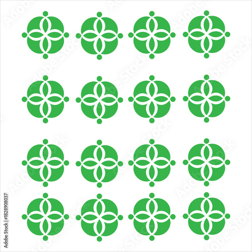 Green circular floral motif pattern presents elegant symmetry and repetition across a clean white background