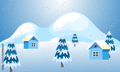 Serene winter wonderland featuring quaint blue houses and frosted trees in a pristine, snow-covered mountain landscape under gentle snowfall, evoking peaceful holiday vibes