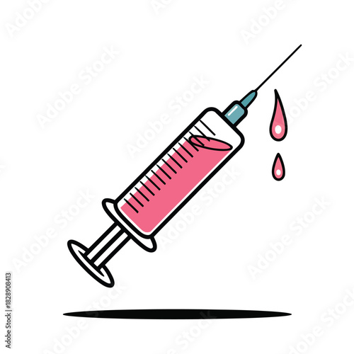 A medical syringe with pink liquid is about to inject or has just injected droplets.