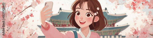 Cheerful flat-anime illustration of young Chinese woman tourist in pastel Hanbok taking selfie with smartphone, set against stylized Gyeongbokgung gate and cherry blossoms.