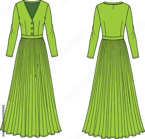 Neon green maxi dress fashion flat, vector technical sketch, women's apparel design template, long sleeve pleated gown, front and back view.