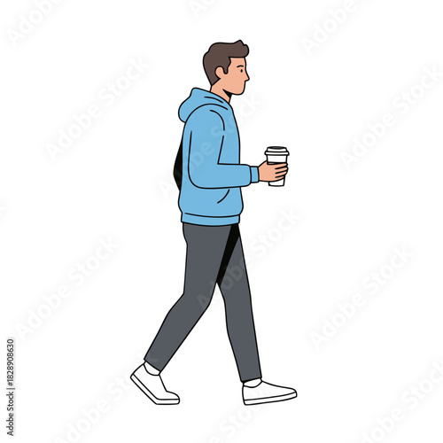 Side View Of A Man Wearing A Blue Hoodie And Grey Pants Walking While Holding A Coffee Cup And A Backpack With A Black Background