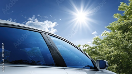 A sleek car door with tinted windows under a bright sun, surrounded by lush green foliage, conveying a sense of freedom and adventure.