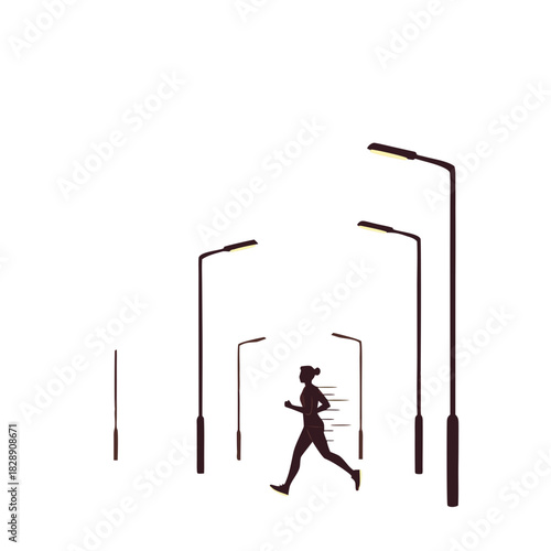 Silhouette Of A Woman Running On A Path Lined With Streetlights At Dusk With A Warm Glow Illuminating The Scene And A Clear Sky Above Ideal For Fitness And Outdoor Activity Content