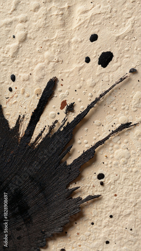 Raw abstract macro texture of thick matte black ink applied heavily to coarse red handmade rice paper, showing fanned splatters and the tactile energy of the brush movement.