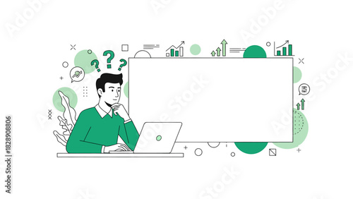 Pensive man contemplates a blank whiteboard with laptop, surrounded by growth charts and question marks.