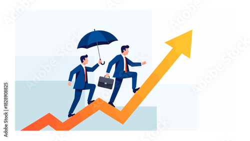 Businessmen climbing upward on a growth chart, one shielding the other with an umbrella.