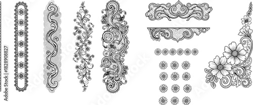 Decorative floral lace borders and corner ornaments set, intricate design, vintage, elegant, wedding, invitation, textile, pattern, black and white, vector, illustration, graphic, ornate.