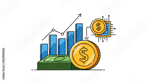 Financial growth illustrated with rising graph, currency coins, and digital technology.