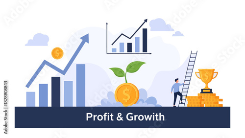 Person climbing ladder towards trophy symbolizes achieving financial profit and business growth.
