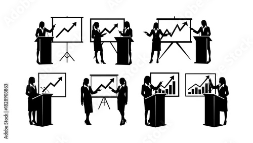 Businesswoman presenting growth charts on stage with podiums and screens