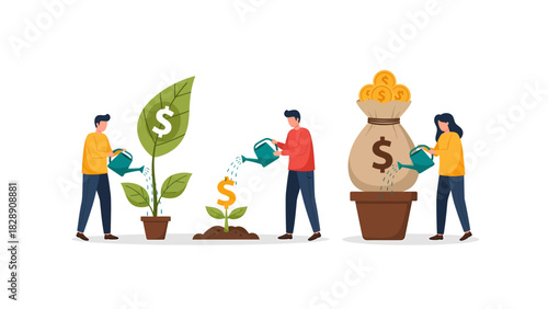 People nurturing financial growth, from seedling to money bag, symbolizing investment and wealth creation.