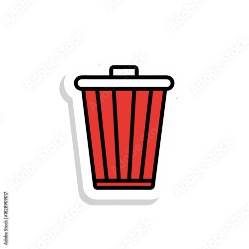Red Trash Can Sticker Minimalist Flat Vector Art Simple Upright Clean Design Isolated on Black Background with White Outline and Shadow