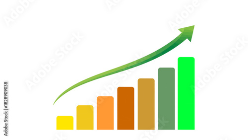 Upward trending bar graph with a green arrow indicating growth and success