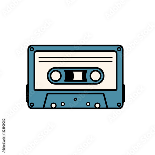 Retro audio cassette tape with blue casing and cream label and black tape window on a black background in a flat vector art style