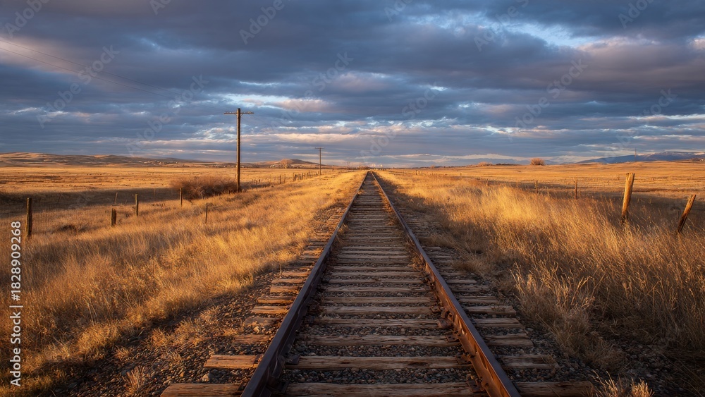 Fototapeta premium Desert Railroad Tracks Stretch Toward Mountains at Sunset