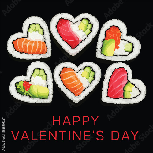 Heart Shaped Sushi Set for Valentine's Day, Romantic Japanese Food Vector Illustration with Greeting Text on Black Background