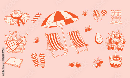 Colorful illustration of beach and leisure activity objects