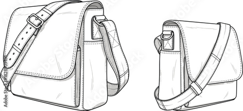 Duffle bag technical drawing, top and front views, fashion flat sketch, travel luggage design, gym bag, sports, casual, durable, vector, illustration, blueprint, product, modern, functional.