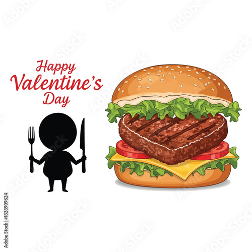Happy Valentine's Day Fast Food Concept with Heart Shaped Burger Patty and Hungry Silhouette Character Holding Fork and Knife