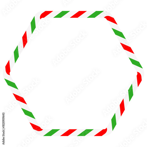 Candy cane rounded hexagon frame. Christmas ribbon with red, green and white stripes. Greeting card with New Year or Christmas decorating border