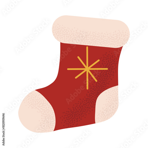 Red Christmas stocking with festive details. Classic holiday symbol for seasonal design, cozy decor and gift themed illustrations