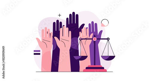 Diverse hands raised with justice scales symbolizing equality and human rights.