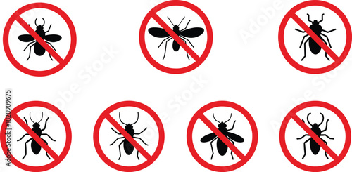 No insect zone, pest control signs, bug prohibition symbols, hygiene warning icons, fly ban graphics, vector illustration, public health awareness