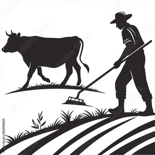 stock vector silhouette farmer plowing cow in the field