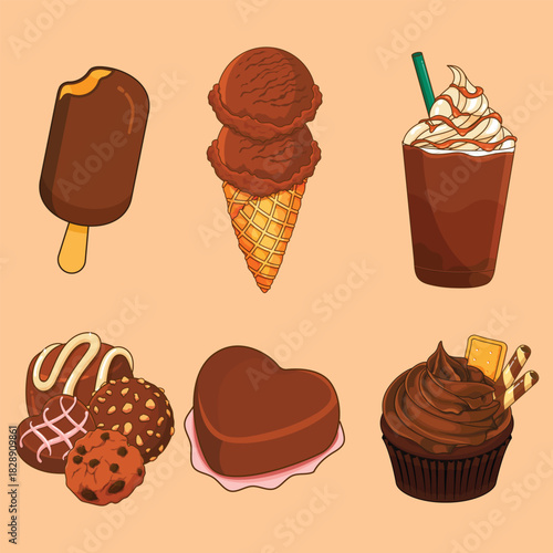 Assorted Chocolate Desserts Collection, Ice Cream, Cupcake, and Candy Vector Set
