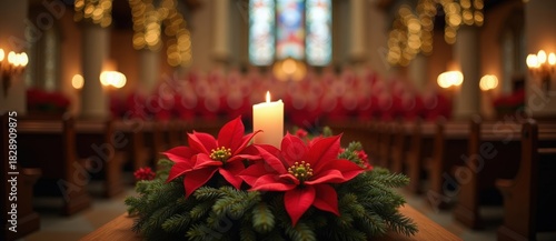 Festive poinsettia and candle arrangement on a church altar. Christmas Eve service with a choir in the background. Holiday worship and spiritual celebration