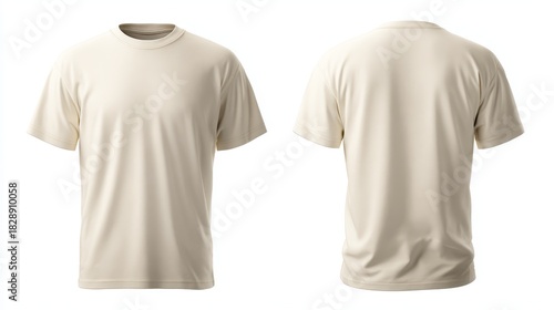Blank Cream Beige T-Shirt Mockup (Front and Back View) isolated on white background. Simple Crew Neck Tee Template for Clothing Design, Branding, and Print-on-Demand.