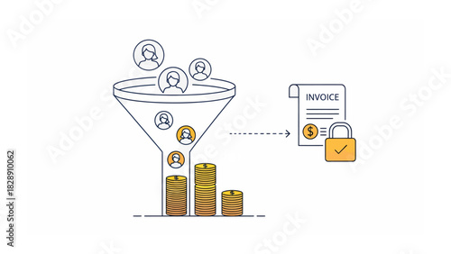 Digital sales funnel converting leads into secure, paid invoices with financial growth.