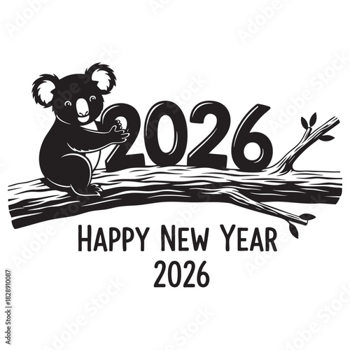 Cute Koala Bear Climbing 2027 Text, Happy New Year 2026 Black and White Vector Illustration with Typography