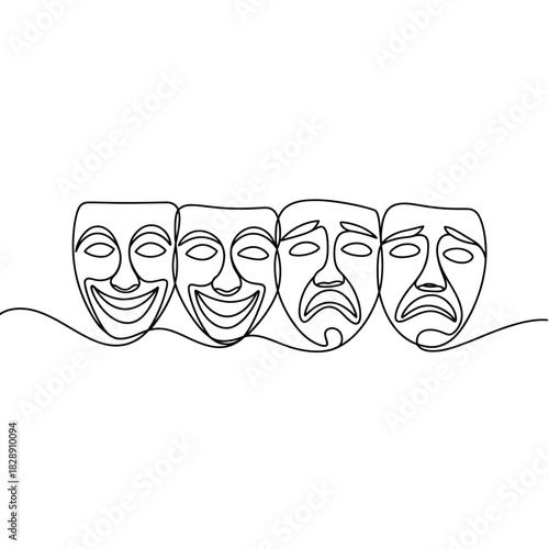 Continuous line drawing of comedy and tragedy theater masks
