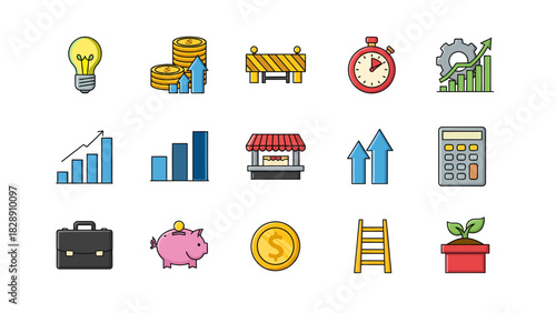 Collection of colorful flat icons representing finance, business growth, and investment.