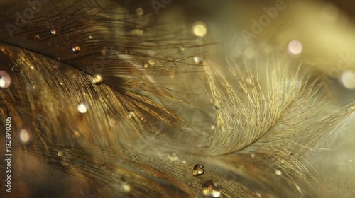 A macro photograph of delicate golden feathers with glistening water droplets. An elegant abstract background with soft bokeh lights and a shallow depth of field