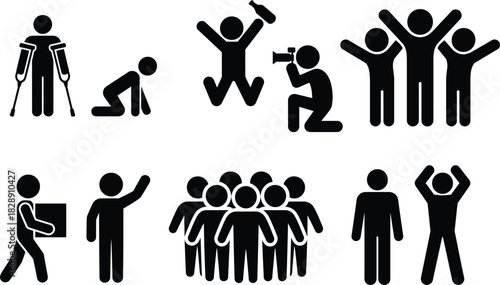 Human actions and states pictogram set, diverse figure icons.
