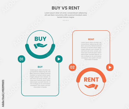 buy vs rent infographic outline style with 2 point comparison template with slice box with circle at top and bottom for slide presentation