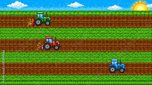 Pixelated farm scene with tractors plowing fields under a blue sky with a sun