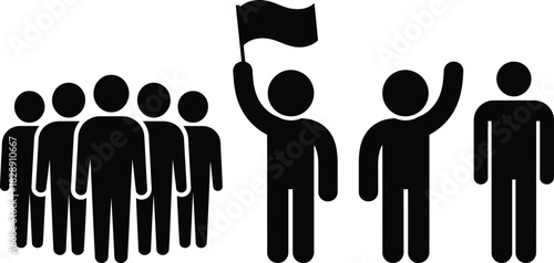 Abstract group leader with flag, raised arm, crowd, and followers
