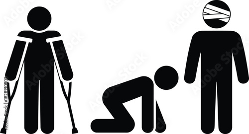 Accident, injury and disability conceptual icons on white background