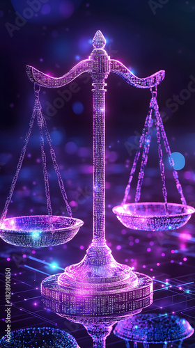 A beautifully illuminated scale symbolizing justice, set against a vibrant, abstract background filled with glowing particles