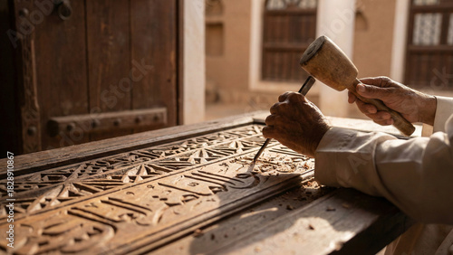 Close-up of artisan hands carving traditional Islamic patterns on wooden door panel using mallet and chisel